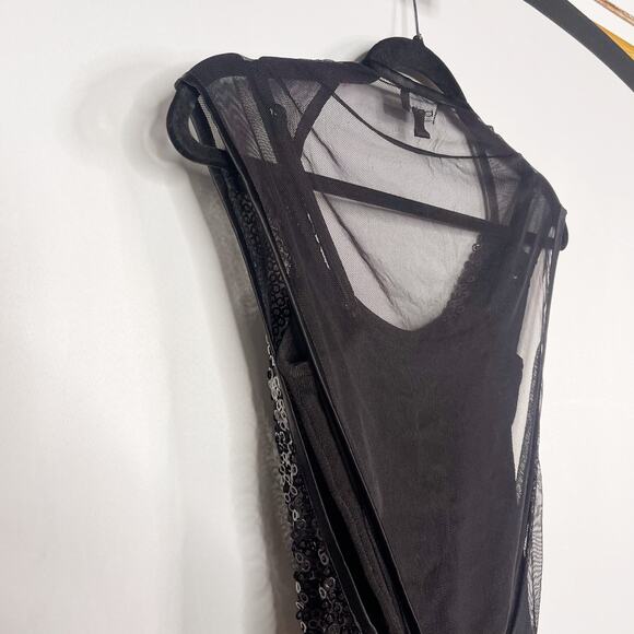 Bebe XSmall XS Black Sequin Layered Sheer Top Cowl Neck Built In Tank Camisole - Picture 7 of 9